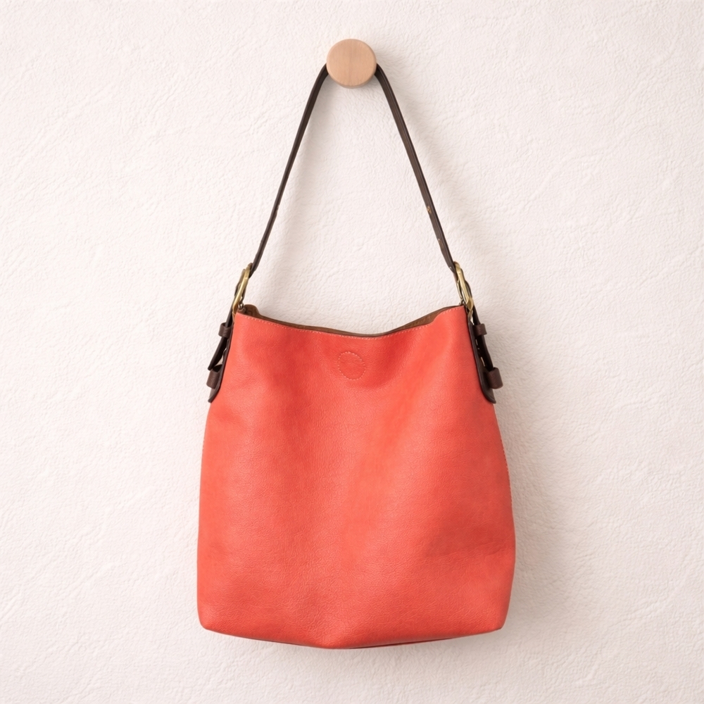 Joy Susan Coral Orange Leather Shoulder Bag with Dark Brown Strap